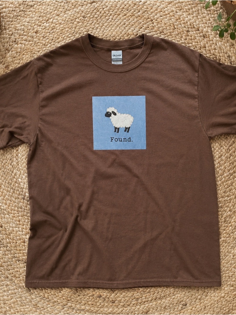 Gildan Brown Crewneck Tee with Blue Sheep Graphic
